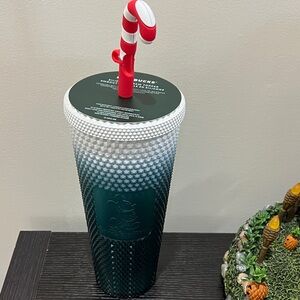 Disney World Starbucks Green Christmas Tumbler with Candy Cane Straw